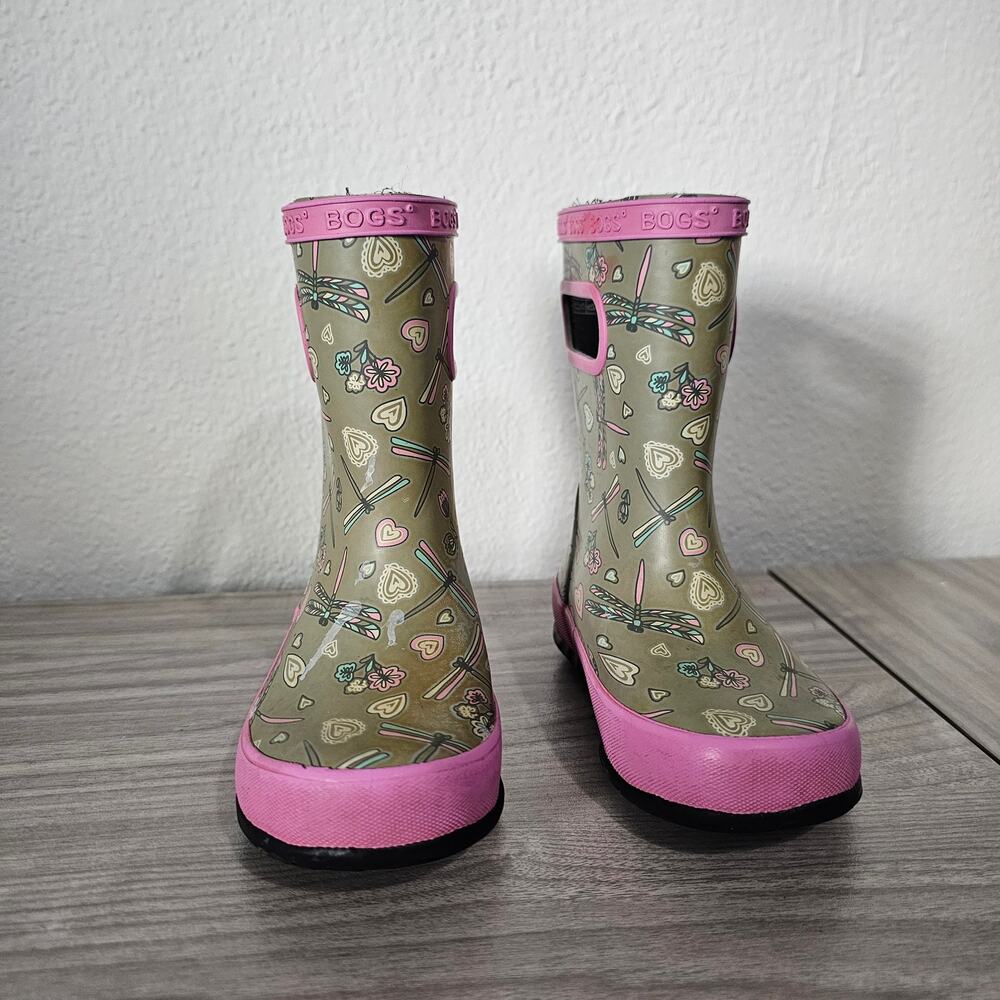 Bogs Skipper Rain Boots Gray Pink Dragonfly Little Kids US 8 Outdoor Waterproof